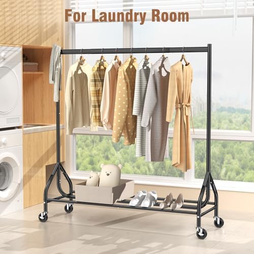 EAGMAK Heavy Duty Clothes Rack Load 420 LBS, Rolling Garment Rack with Lockable Wheels, Standing Metal Clothing Rack, Portable Wardrobe Sturdy Coat Rack for Hanging Clothes (Black, 59″×18.9″×63″) - Image 6