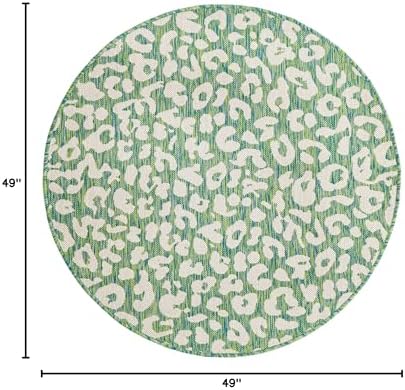 Unique Loom Outdoor Safari Collection Area Rug - Leopard (4' 1" Round, Green Blue/ Ivory) - Image 2