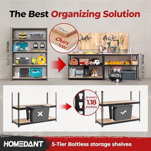 HOMEDANT 47.7" W 5 Tier Heavy Duty Garage Shelving Adjustable Metal Rack Storage Shelves Standing Shelf Unit Organizers Industrial Warehouse Basement Black 2Pack - Image 3