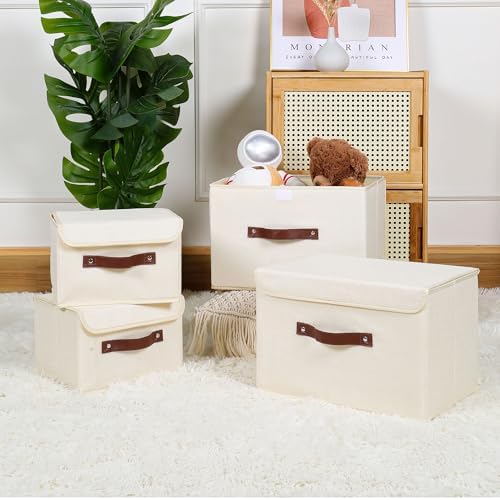 ANMINY Fabric Storage Box Bins with Lids, Beige, 13"x9"x7.9", 4 Pack - Image 7