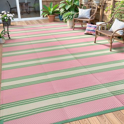 Lahome Striped Outdoor Plastic Straw Rug, 9x12 Outdoor Rug Waterproof by Lahome