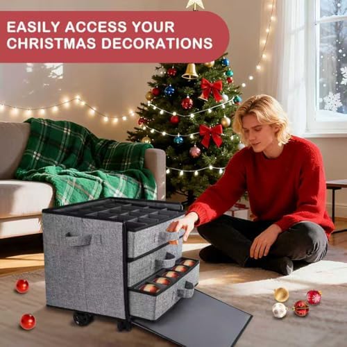 Lukeline Christmas Ornament Storage Box with Wheels, Stackable Christmas Ornament Organizer with 3 Drawer Trays, Openable Ornament Organizer for Storing Decorations, Portable Christmas Ball Box - Image 2