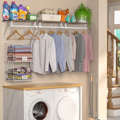 DAOUTIME 2 Set Laundry Room Wall Mounted Shelves With Wire Storage Baskets, Over Washer and Dryer With Hanging Rods and Hooks, for Organization and Storage, White, Wooden - Image 5
