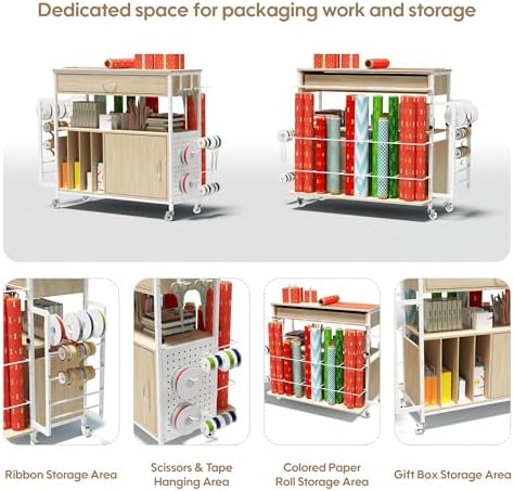 Height-Adjustable Gift Wrapping Station with Paper Clamp & Adhesive Measuring Tape,Rolling Wrapping Paper Cart with Ribbon & Gift Bag Storage, Craft Organizer Workstation (Oak) - Image 5
