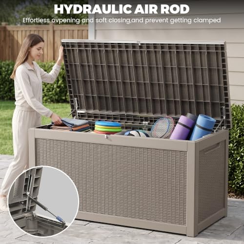320 Gallon Outdoor Storage Box, Waterproof Resin Deck Box with Lockable Lid Large Storage Bin for Patio Furniture Cushion, Garden Tools, Pool Accessories UV-Resistant Outside Delivery, Gray - Image 6