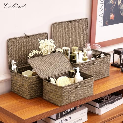 Nonam Wicker Storage Basket with Lid,Seagrass Shelf Basket Set of 3,Coffee - Image 3
