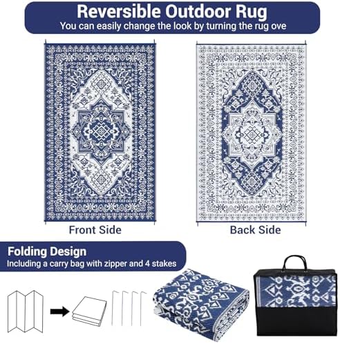 COZYLOOM Outdoor Rug Waterproof 10x14 Reversible Outdoor Plastic Straw Rugs Oriental Medallion Patio Rug Indoor Outdoor Carpet RV Mat for Deck Backyard Patio RV Camping Beach, Dark Blue and White - Image 3