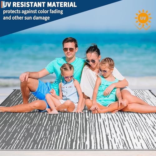 Garvee Waterproof Outdoor Rug 8x10 Neutral Striped Plastic Straw Rug, Grey - Image 4