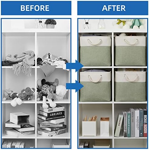 Temary Cube Storage Baskets for Shelves 12 Inch Storage Cubes 4pack Fabric Storage Baskets for Organizing Clothes, Closet Basket with Rope Handles for Home (White&Green) - Image 6
