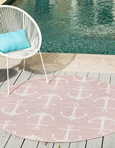 Unique Loom Outdoor Coastal Collection Area Rug - Ahoy (13' Round Pink/Ivory) by UniqueLoom