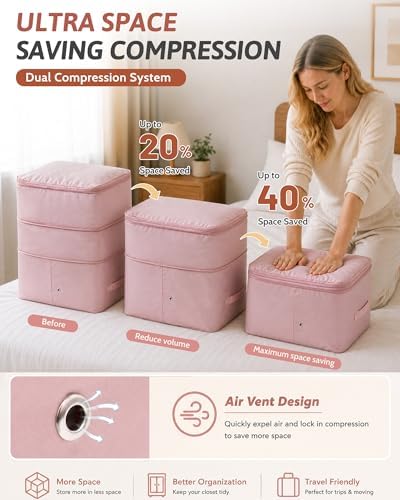 Ultra Space Saving Self Compression Organizers, 4 Pack Double Zipper Compression Packing Cubes for Bedding, Comforter Storage Bag for Blankets Duvet Quilts Pillows Queen King (Pink, X-Large) - Image 2
