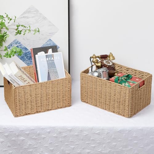 Vagusicc Wicker Storage Basket, Set of 2 Hand-Woven Paper Rope Wicker Basket, Small Storage Baskets for Organizing Toilet Paper Basket, Foldable Large Cube Storage Organizer Bins for Shelves (Natural) - Image 7