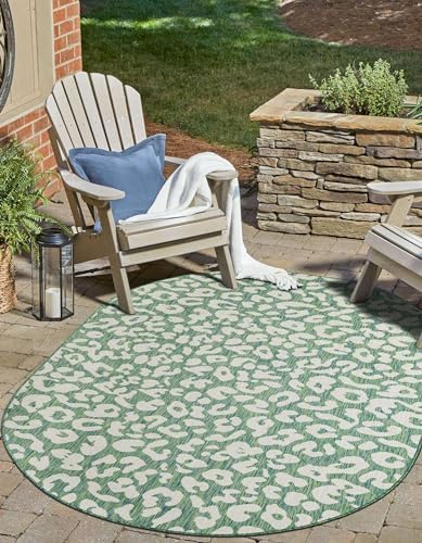 Unique Loom Outdoor Safari Collection Area Rug - Leopard (5' 3" x 8' Oval Green Blue/Ivory) - Image 4
