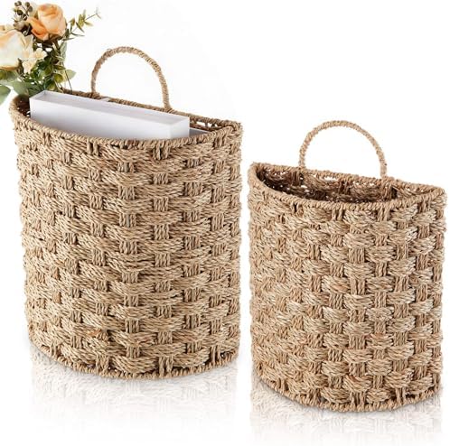 Chunful 2 Pcs Seagrass Hanging Wicker Basket, Natural Wicker Decorative Baskets, Handmade Woven Storage Organizer for House Garden Wedding Wall Decorations, Large & Small Size by Chunful