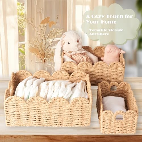 Scalloped Wicker Baskets Set of 3, Hand-Woven Storage with Handles - Image 4