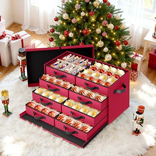 StorageRight Christmas Ornament Storage Box - Ultra Large Drawer Ornament Organizer with 8 Separate Trays & Adjustable Dividers, Portable Ornaments Box with Cover & Handle for Holiday Decorations(Red) - Image 7