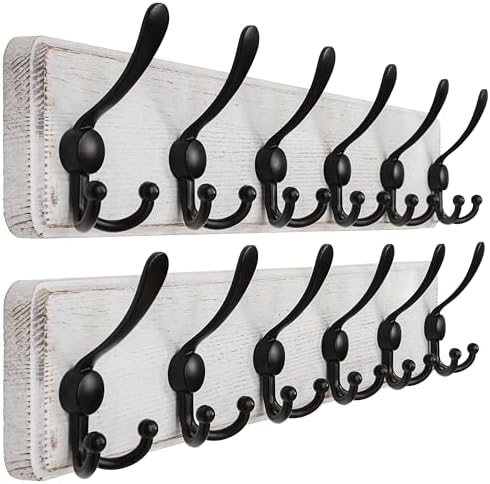 Dseap Coat Rack Wall Mounted - 24" Long 6 Tri Hooks, Heavy Duty Wooden Wall Coat Hanger Coat Hook for Clothes Hat Jacket Clothing, White and Black, Pack of 2 by Dseap