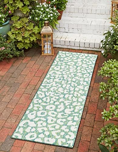 Unique Loom Outdoor Safari Collection Area Rug - Leopard (2' 11" x 10' Runner, Green Blue/ Ivory) by UniqueLoom