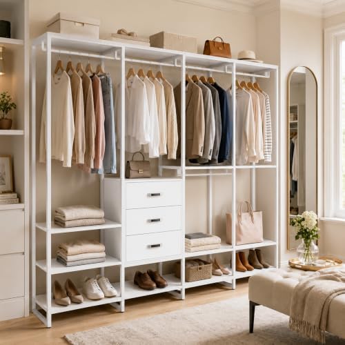 Freestanding Closet Organizer System with 3 Drawers, 6FT Heavy Duty Clothing Rack with Shelves and 6 Hanging Rods, Large Corner L Shaped Garment Rack, White - Image 2