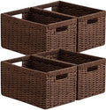 UBBCARE 4 Pack Wicker Basket, 13.4L×8.3H×7.1W inch Woven Paper Rope Storage Baskets for Shelves, Foldable Rectangular Storage Baskets with Handle, Storage Basket for Organizing, Dark Brown by UBBCARE
