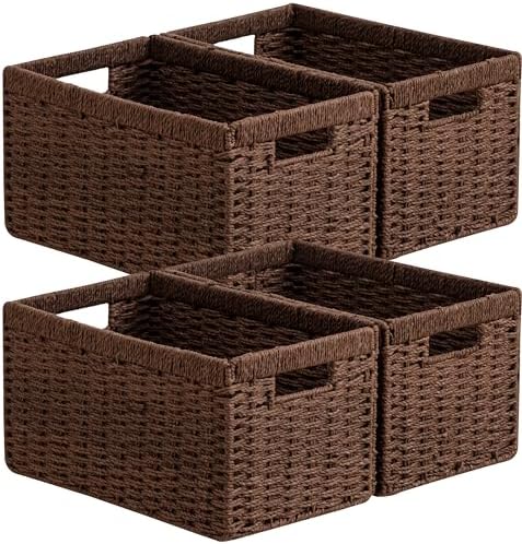 UBBCARE 4 Pack Wicker Basket, 13.4L×8.3H×7.1W inch Woven Paper Rope Storage Baskets for Shelves, Foldable Rectangular Storage Baskets with Handle, Storage Basket for Organizing, Dark Brown by UBBCARE