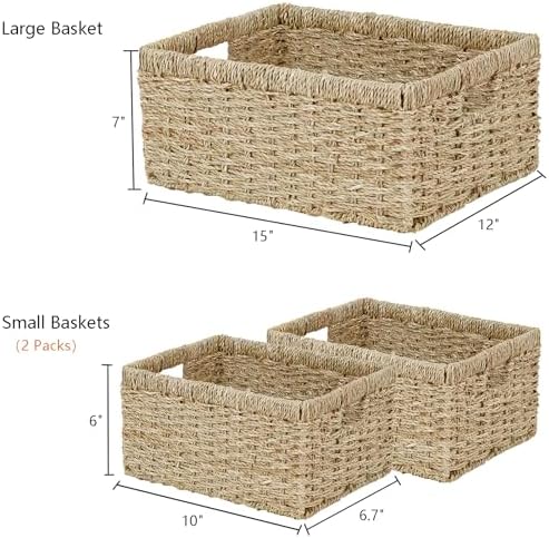 Vagusicc Wicker Basket, Set of 3 Hand-woven Storage Baskets for Organizing, Seagrass Wicker Storage Basket Bins with Handles, Small Toilet Paper Storage Baskets for Shelves Pantry Baskets (Seagrass) - Image 2