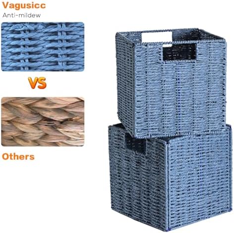 Vagusicc Wicker Storage Basket, Set of 2 Hand-Woven Storage Baskets for Shelves with Handles, Foldable Cube Storage Bins Organizer, Blue 13x13 Inch Large Wicker Baskets for Pantry Bedroom Decor, Blue - Image 2
