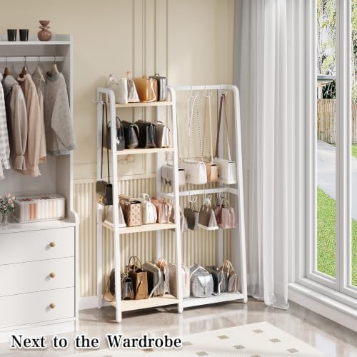 HavenlyYouth Purse Storage Organizer for Closet, 4-Tier Iron Wood Purse Rack, 8 Purse Hooks & 2 Side Hooks for Bag Organizer, Large Capacity Handbag Storage Rack for Home, Living Room, White - Image 7