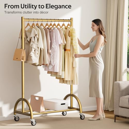 MISSLO Heavy Duty Clothing Rack with Wheels Rolling Clothes Racks for Hanging Clothes, Coats, Garment, Dress, Gold, 30" W - Image 6