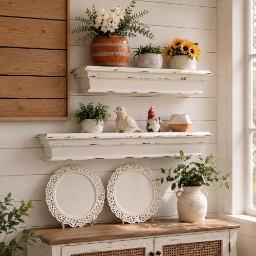 31.5 Inch Distressed White Wall Shelf, Rustic Farmhouse Floating Shelf - Image 5