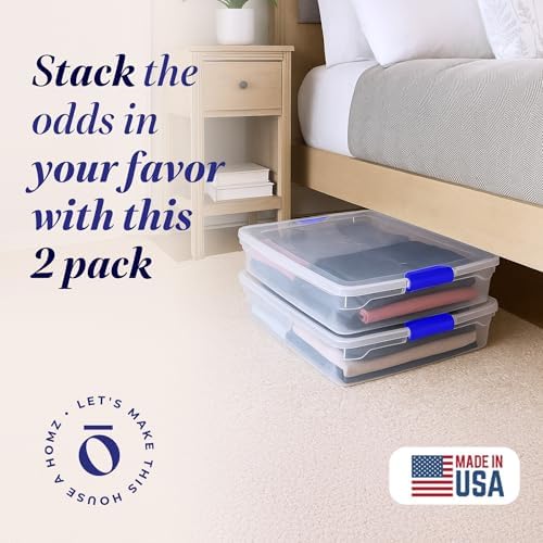 HOMZ 2-Pack Under Bed Storage, Clear Plastic Containers with Lids, 56 Quart, Blue Latch - Stackable Underbed Organizer Bins for Shoes, Bags, Clothes, and Towels - Image 2