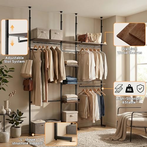 MZG Closet Organizer System, Freestanding Closet System with Wood Shelves & Hanging Rod, Adjustable Floor-to-Ceiling Open Wardrobe for Bedroom, Apartment & Small Closet (16.8"D x 48.4"W x 137.7"H) - Image 3
