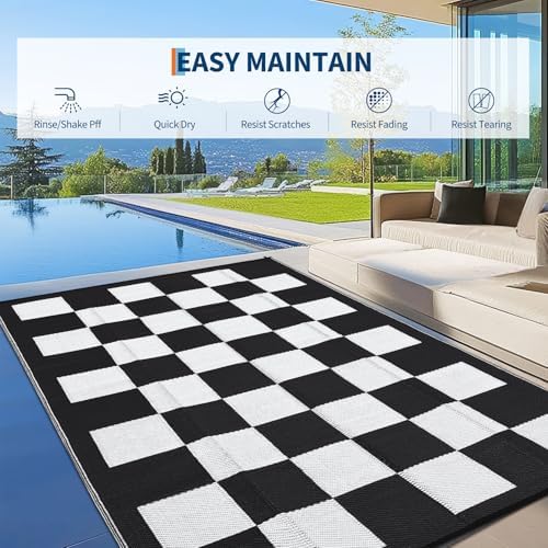 GarveeHome Outdoor Rug 8 x 10 Waterproof Checkboard Woven Carpet, Large Reversible Plastic Straw Rug, Foldable Modern Geometric Plaid Outside Camping Rug for Picnic, Backyard, Deck, Black White - Image 2