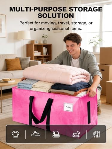 HOMESURE Supports 200lbs Heavy Duty Moving Bags - Strong Zipper & Wrap-Around Handles - Water-Resistant Storage Totes, Durable Alternative to Moving Boxes - 12 Pack - Pink - Image 4