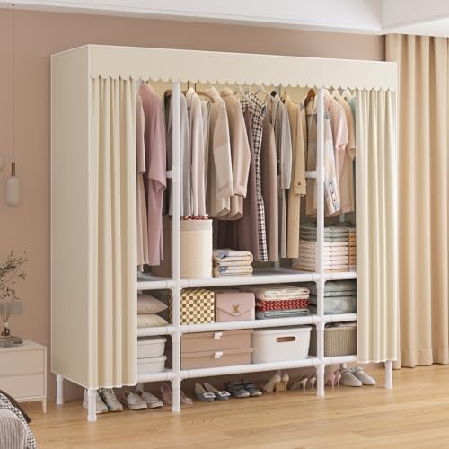 Portable Closet with Cover 55.1"x17.7"x65.7" Wardrobe Closet Pale Yellow - Image 2