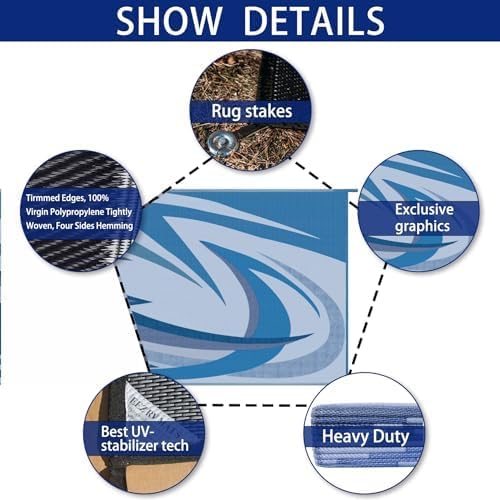 EEZ RV Products 9'x12'Blue Heavy Duty Reversible/Durable Outdoor Patio/RVing Mats(9ft x12ft Blue) Come with Large Storage Bag & 6 Sets of Stakes and Washer - Image 2