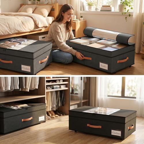 TOSKING 2-Pack Under Bed Storage Drawers with Wheels, 6 Vacuum Bags, Adjustable Height 7.9-10.2", Large 90L/80 lbs Clear Lid, 900D Oxford, Space Saver for Dorm Bedroom, Blankets, Clothes, Shoes, Black - Image 6