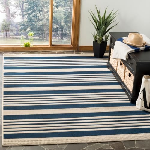 SAFAVIEH Courtyard Collection CY6062 Stripe Indoor/ Outdoor Non-Shedding Easy--Cleaning Patio Backyard Porch Deck Mudroom Accent Area--Rug, 4' x 5'7", Navy / Beige by Unknown
