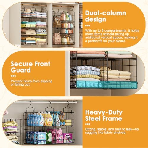 Hanging Closet Organizer with DIY Spacing, Double-Row Closet Hanging Shelves with 4 Adjustable Dividers & 6 Hooks, Heavy Duty Metal Closet Storage Organizer with Front Guard, Split into 2 Units - Image 4