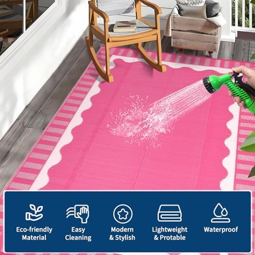 Garvee Scalloped RV Outdoor Rugs 9x18 Patio Rugs Outdoor Waterproof, Pink - Image 4