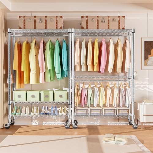 M MZG Heavy Duty Rolling Garment Rack 3 Tiers Adjustable Wire Shelving Clothes Rack with Rods and Side Hooks,Storage Closet Clothing Rack with Wheels Chrome 17.7" D x 47.2" W x 83.6" H - Image 4