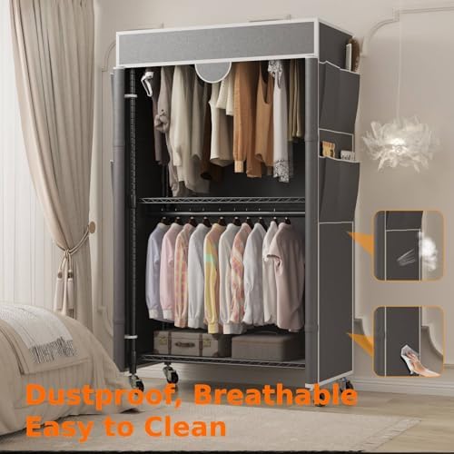 Homdox Garment Rack with Cover, Heavy Duty Clothing Rack for Hanging Clothes, Portable Closet Wardrobe, Double Rods Garment Rack with wheels, 35.1" W x 17.4" D x 80.6" H, Gray - Image 3