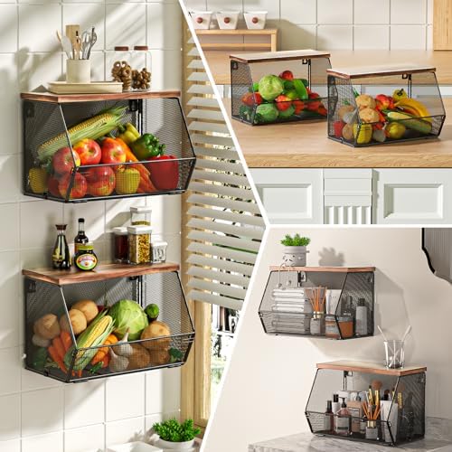 3-Pack Stackable Wire Basket with Wood Lid - Wall Mounted Fruit & Vegetable Bowl for Kitchen, Potato & Onion Storage - Image 5