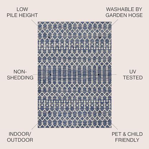 Eyely Moroccan Textured Weave Round Rug 6 Ft Navy/Beige, Indoor Outdoor Rug - Image 2