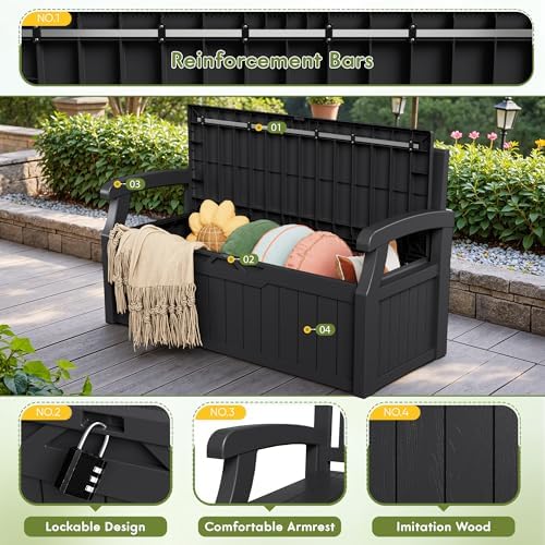 Greesum 80 Gallon Storage Bench Outdoor Deck Box with Armrest, Black - Image 4