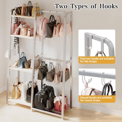 HavenlyYouth Purse Storage Organizer for Closet, 4-Tier Iron Wood Purse Rack, 8 Purse Hooks & 2 Side Hooks for Bag Organizer, Large Capacity Handbag Storage Rack for Home, Living Room, Silver - Image 5
