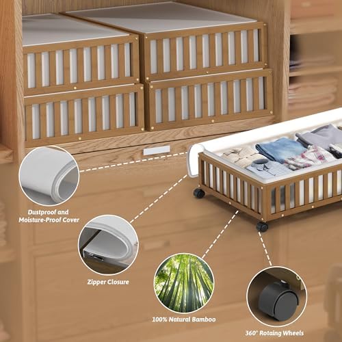 2 Pack Large Bamboo Under Bed Storage Containers with Wheels, Brown - Image 3
