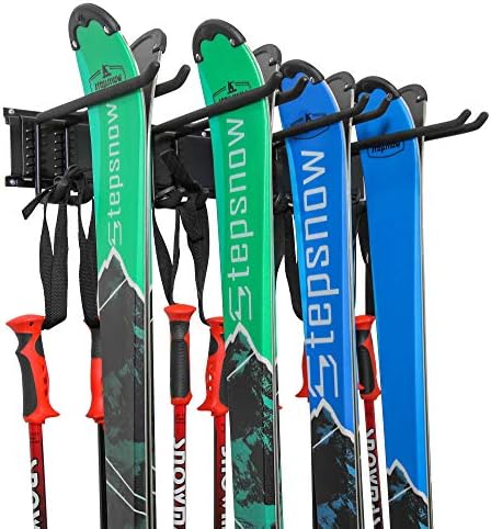 RaxGo Ski Wall Rack, Holds 4 Pairs of Skis & Skiing Poles or Snowboard for Home and Garage Storage, Wall Mounted, Heavy Duty and Adjustable Rubber-Coated Hooks by RaxGo