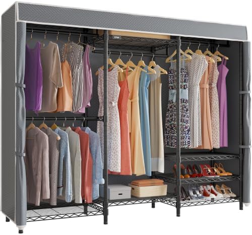 VIPEK V5C Portable Closet Wardrobe Bedroom Armoires Heavy Duty Covered Clothing Rack, Black Metal with Grey Oxford Fabric Cover, Adjustable Custom, 68.9" Lx15.7 Wx76.4 H by VIPEK
