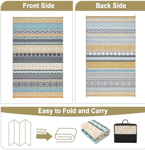 GlowSol Large Outdoor Rugs 10x20 Waterproof Portable Camping Carpet, Reversible Outdoor Plastic Straw Rug for Patio, RV Mat Bohemian Outdoor Rugs for Porch, Deck, Backyard, Balcony, Picnic,Yellow/Teal - Image 3